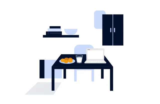 Kitchen table with a plate of cookies and a glass of milk beside an open laptop.