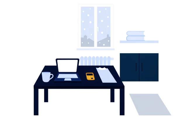 Kitchen table with a laptop, calculator and mug beside a window with falling snow.