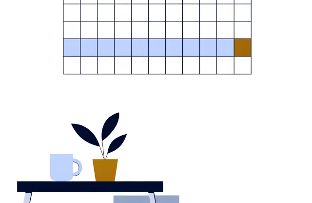 Wall calendar grid with a row of days shaded blue ending in one amber day, above a desk.
