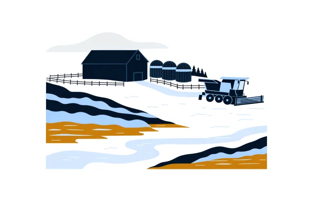 Manitoba prairie farm in winter with a barn, grain bins, a combine and a frozen river.