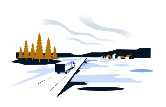 Transport truck on a frozen lake ice road beside a small settlement under the northern lights.