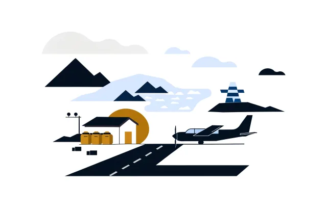 Nunavut airstrip with a turboprop plane, a small terminal, fuel tanks and an inuksuk.