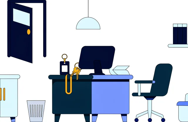Office with an open door, an ID badge and keys on the desk and an empty chair turned away.