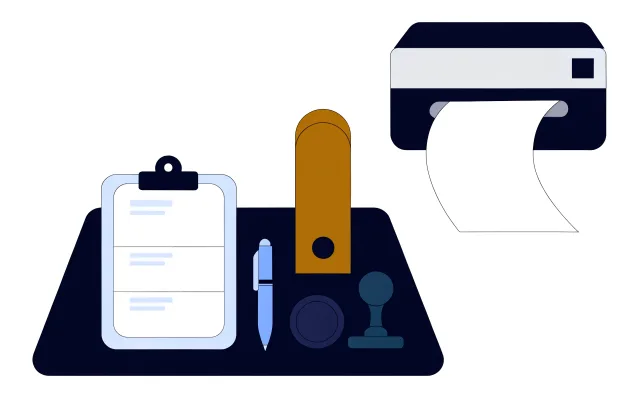 Desk with a blank form on a clipboard, a pen, a rubber stamp, a folder and a printer.