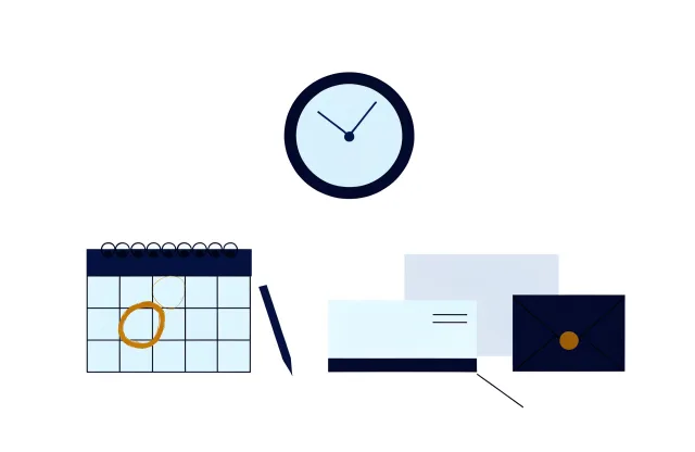 Desk calendar with one date circled in amber, a blank cheque and envelope under a wall clock.