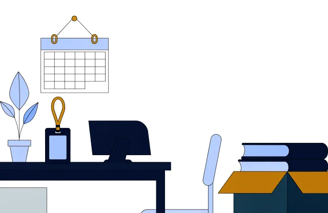 Nearly empty new-hire desk with a small plant, an ID badge, a box and a wall calendar.