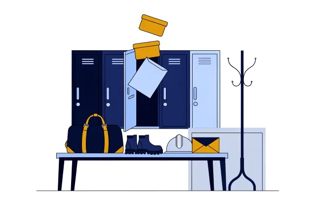 Open locker being cleared, with a duffel bag, work boots, a hard hat and an envelope on a bench.