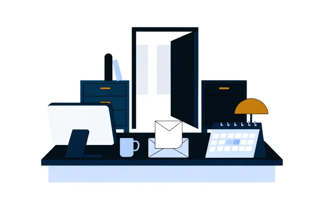 Manager desk with a folded letter and envelope, a calendar with two weeks shaded and an open door.