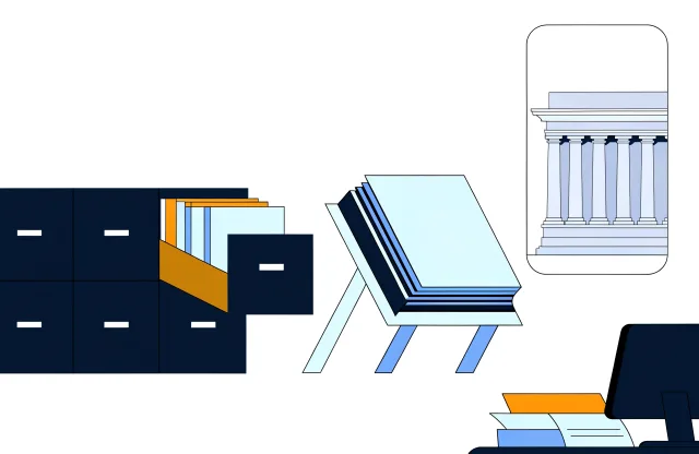 Filing cabinets with an open drawer, an open ledger and a columned government building.