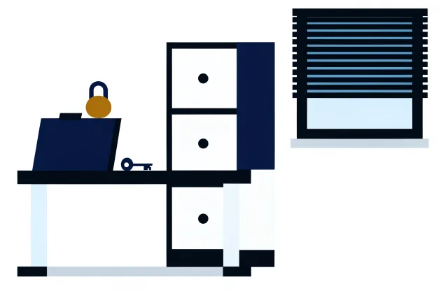 Closed padlock on a file folder with a key, a filing cabinet and a window with half-closed blinds.