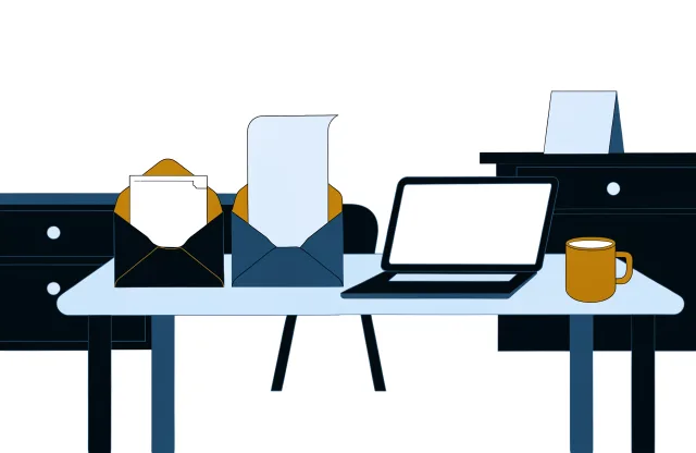 Kitchen table with two envelopes, one holding a cheque and one a form, beside a laptop and mug.