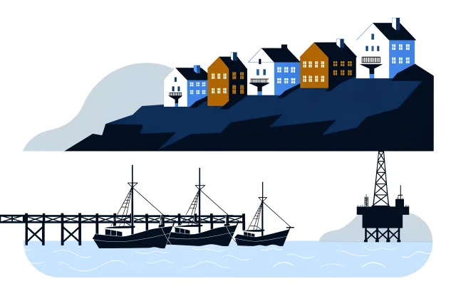 St. John's row houses on a rocky hillside above a harbour with fishing boats and an oil platform.