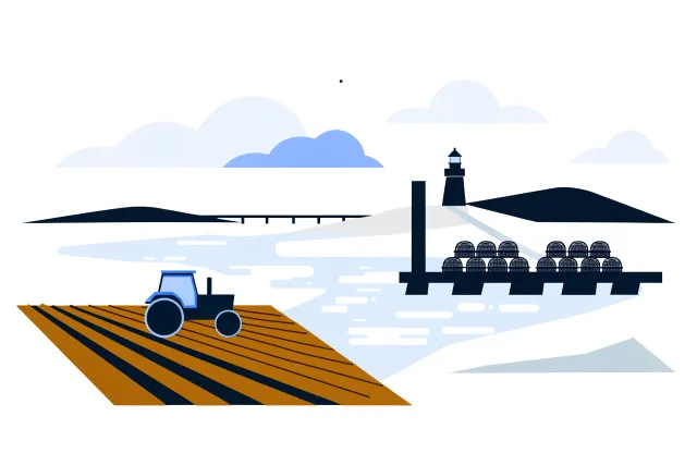 Prince Edward Island potato field with a tractor, a wharf with lobster traps and a lighthouse.