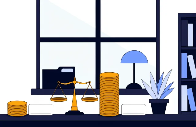 Short and tall stacks of coins on either side of a balance scale on a desk by a window.