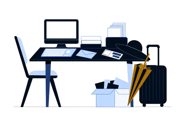 Office desk with a suitcase, a folded beach umbrella, a sun hat, a cheque and a box of belongings.